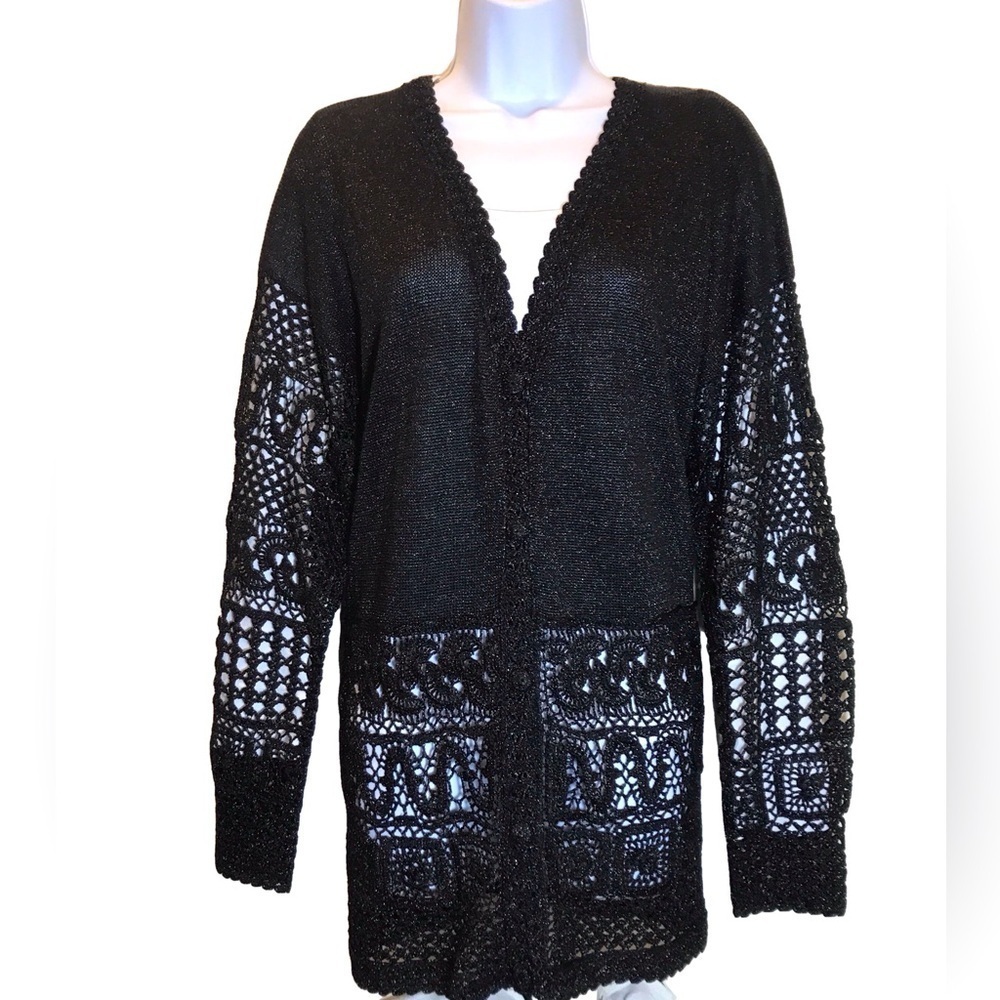 SPARKLY TATTED LACE DETAIL LONG CARDIGAN SZ L, BLACK